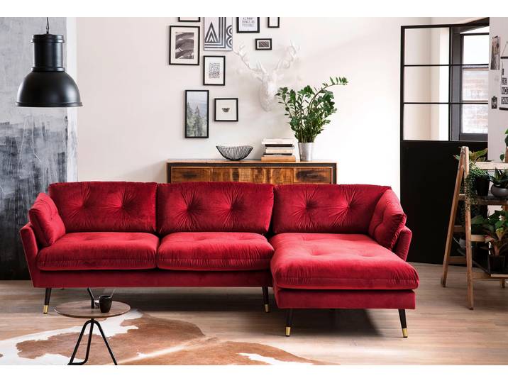Ecksofa, Microvelours, Rot, 270×155 cm, Recamiere Rechts, Wellenunterfederung, Modern, TRENDS BY HG