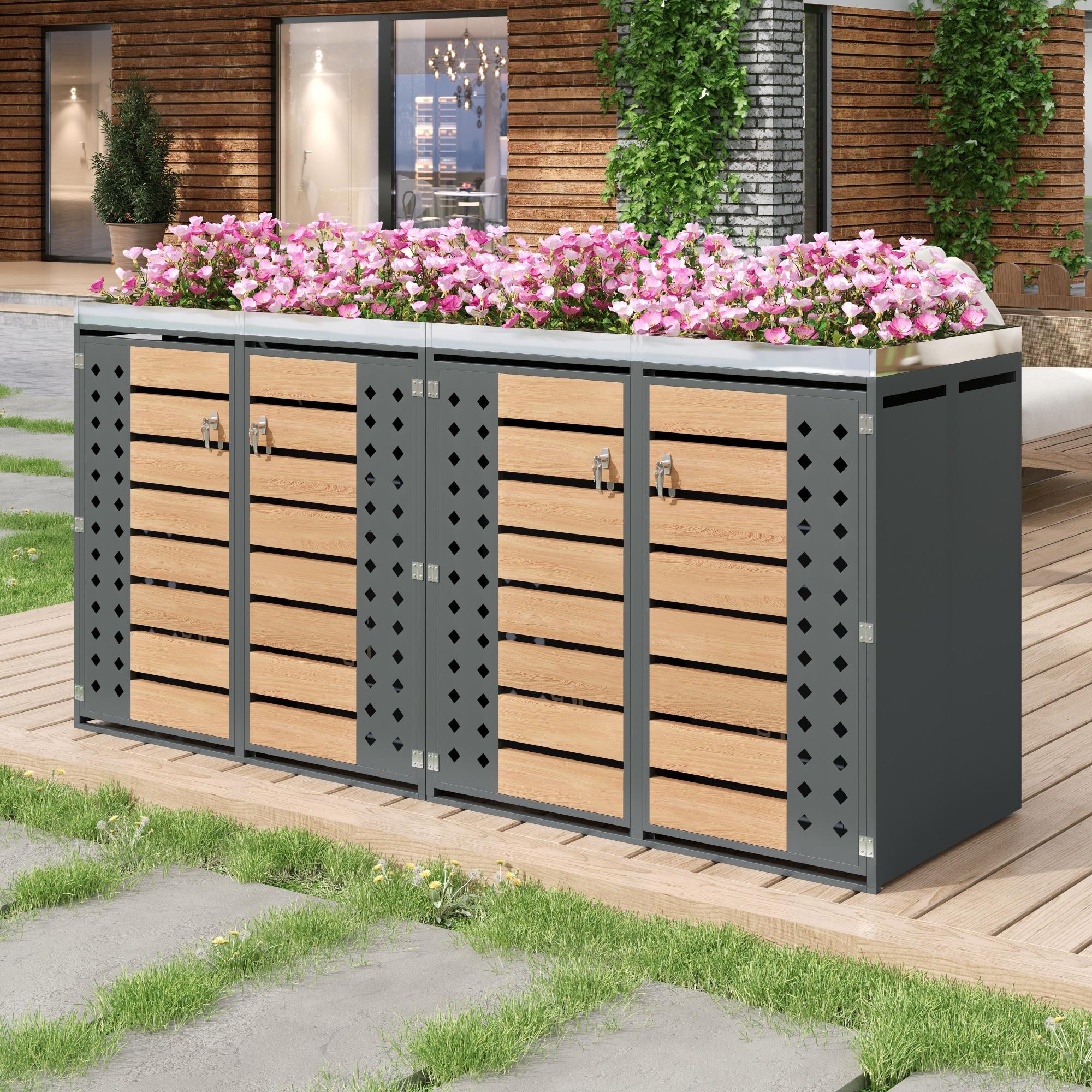 Flieks Mülltonnenbox 2er, Mülltonnenverkleidung Abschließbar für 4 Tonnen 120-240L, Mülltonnenschrank mit Pflanzfläche, 264x80x124.5cm, Grau