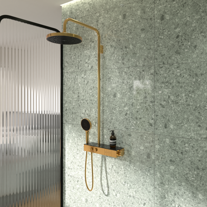 Ideal Standard Duschsystem A7882A2 mit Aufputz-Brausethermostat Ceratherm Navigo® mit Ablage, 3-Funktions-Hand- & Kopfbrause, Brushed Gold