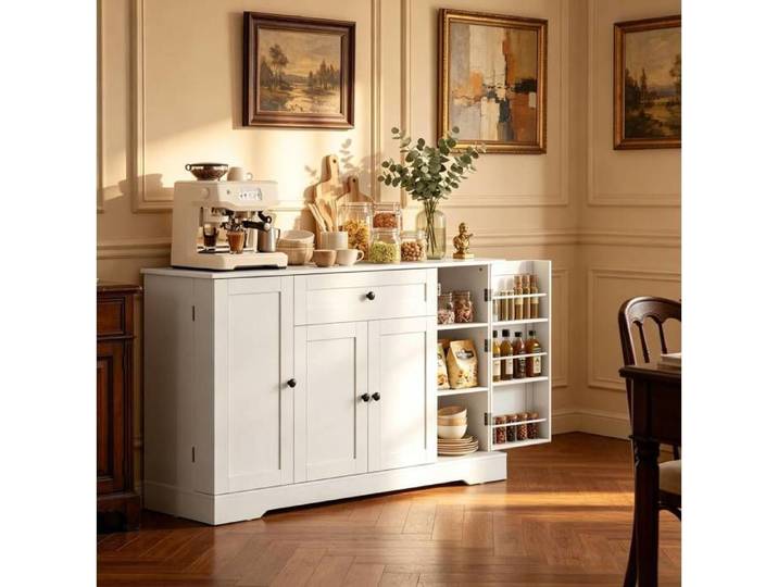 MEUBLIV Buffet bas de cuisine blanc 1 tiroir 4 portes étagères réglables fermeture douce 140 x 40 x 80 cm
