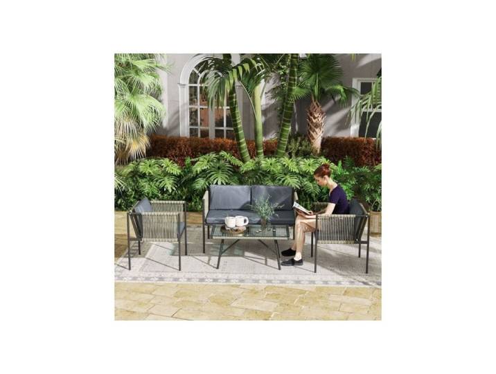 Set 4pcs rotin synthétique gris:canapé+2 fauteuils+table verre avec coussins