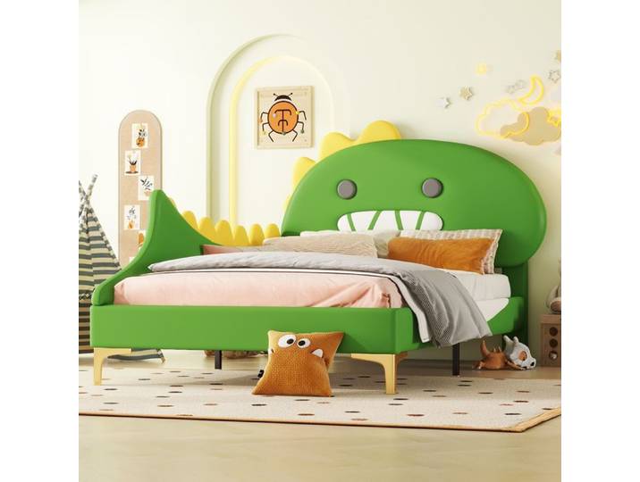 DRIPEX Lit enfant 90×200cm Lit enfant en forme de dinosaure de dessin animé matériel PU Vert