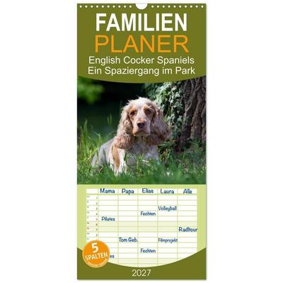 Familienplaner 2027 - English Cocker Spaniels - Ein Spaziergang im Park mit 5 Spalten (Wandkalender, 21 x 45 cm) CALVENDO