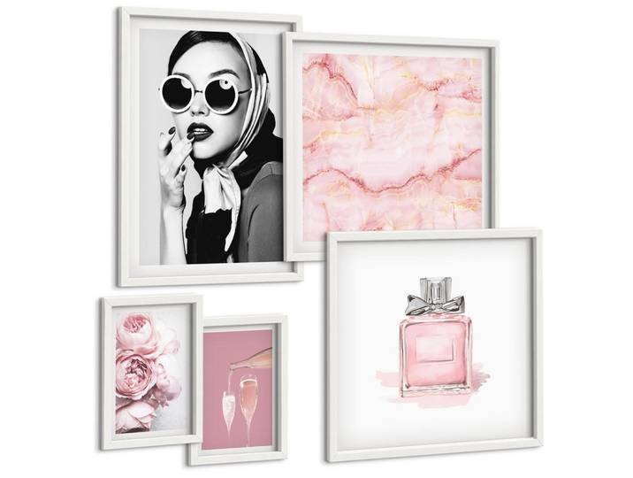 Tulup Bilder SET 5er Set - 50x50 cm & 20x30 cm & 40x60 cm Weißer Rahmen - Stilvolle pinkfarbene Accessoires, Kunststoff, Rechteckig, 40x60 cm, Fotografie, Bilder & Rahmen, Bilder