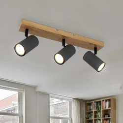 Deckenlampe 3 Strahler Deckenleuchte Dreiflammig Deckenstrahler GU10 3 Flammig, schwenkbar, Metall Holzoptik graphit, 3x GU10, LxBxH 41x6x12 cm