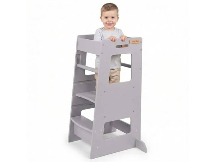 KiddyMoon Lernturm Für Kinder Ab 1 Jahr, Anti-Kipp-Schutz, 3-Fach Höhenverstellbar, Schutzbügel, Montessori Küchenhelfer, Grau