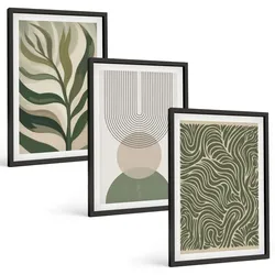 BILDER SET 3er Set - 40x60 cm Schwarzer Rahmen - Geometrische Blattformen