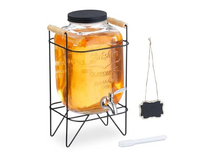 Relaxdays drankdispenser met standaard, limonadetap 5 liter, rvs kraantje & deksel, reliëf, glazen waterkan, transparant