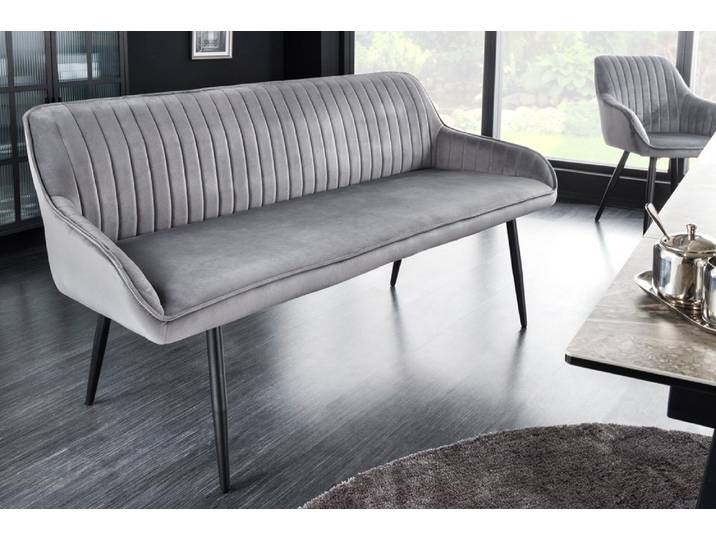 Design Sitzbank TURIN 160cm silbergrau Samt schwarz Metall Armlehne Retro