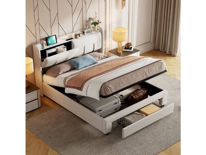 WOVREO Lit double 160 x 200 cm avec rangement hydraulique tiroir tête de lit LED USB velours beige