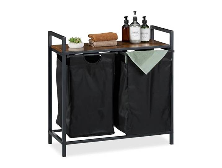 Relaxdays dubbele wasmand, HBD: ca. 72x73x33 cm, met plank, zwart/bruin
