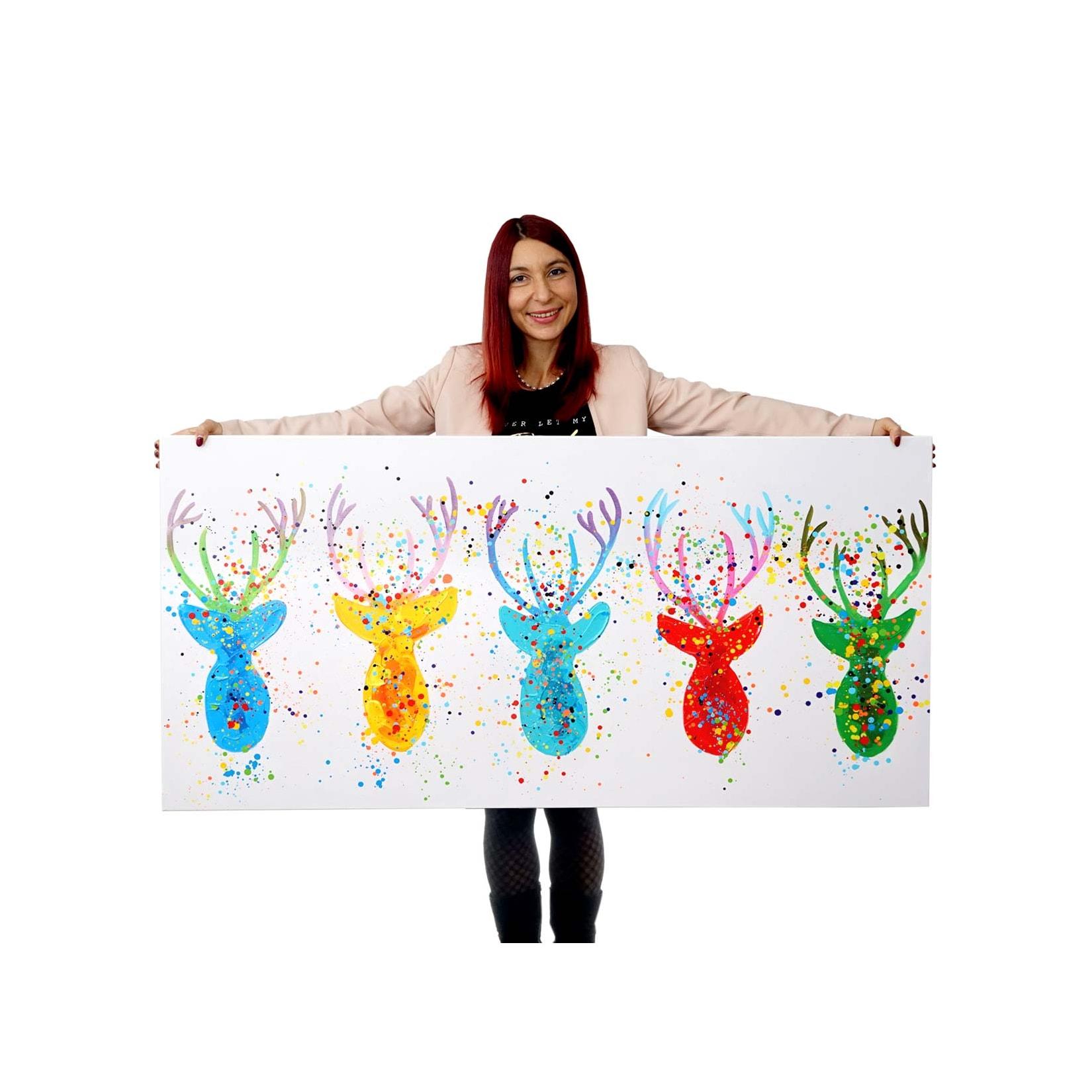 Wandbild Hirsche II, 100% handgemaltes Ölgemälde Gemälde XL, 140x70cm