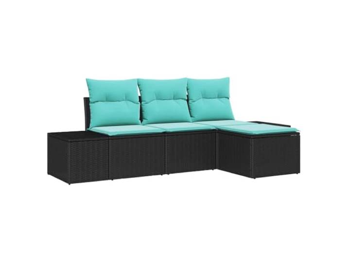 KTHLBRH Gartenmöbel-Set, 4-teilig, Schwarz und Türkis, Polyrattan Modulare Sessel, Glastisch, abnehmbare Kissen mit Reißverschluss, pulverbeschichteter Stahl, Verwendung auf Terrasse und