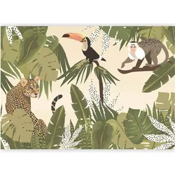Artgeist, Tapete, Fototapete - Leaves and Shapes - Jungle in Faded Colours With Animals (150 x 105 cm)