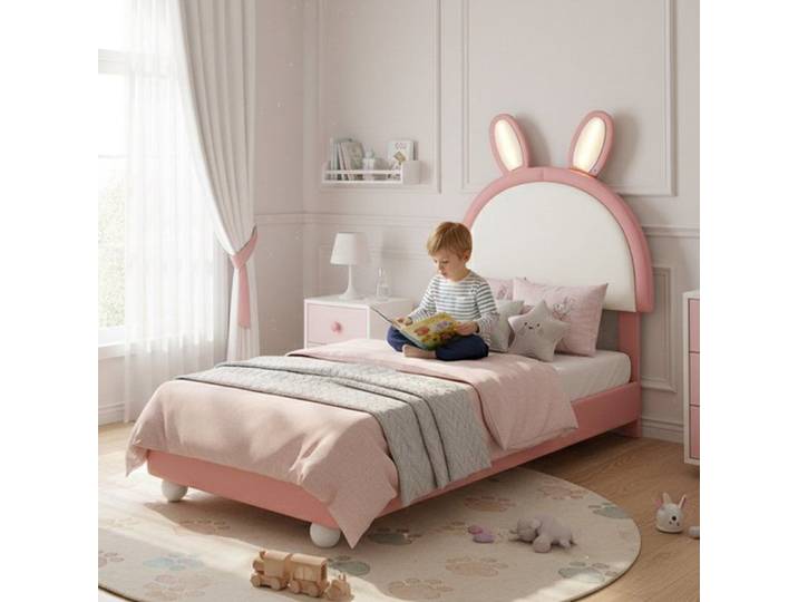 Lit rembourré 90x200 avec LED intégrée et bordure anti-collision pour enfant
