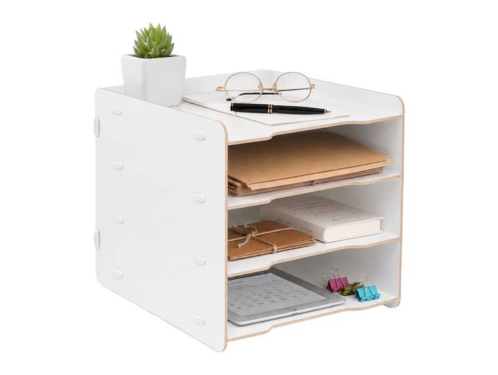 Relaxdays Trieur Bureau A4\, 4 Compartiments\, Hxlxp 25 X 25 X 31 Cm\, Mdf\, Montage Emboîté\, Porte-documents\, Blanc