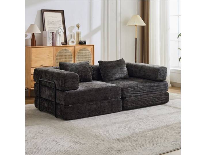 VUENOR Canapé convertible modulable 200x100x63 cm noir – 2 places sans montage tissu chenille compressé