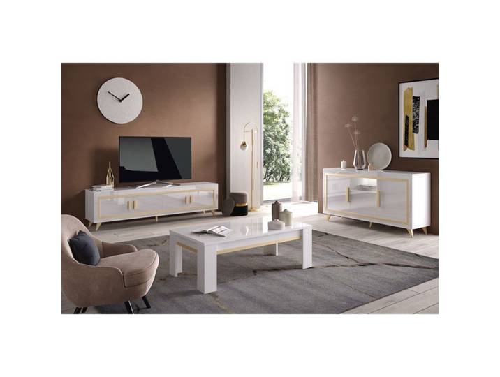 JEMMA - Ensemble Salon Blanc Décor Doré Meuble TV + Buffet avec Leds + Table Basse