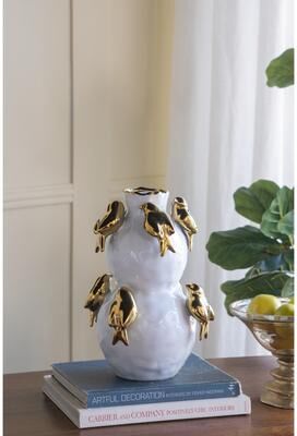 Kodotan sofa "8.5x8.5x14"" White Two-Tiered Ceramic Vase with Gold Bird Accents"