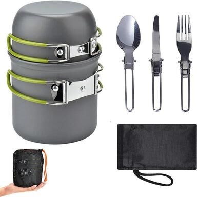 Uplift Essentials Professional 1 2 Person Compact Picnic Cookware & Tableware Set green cutlery
