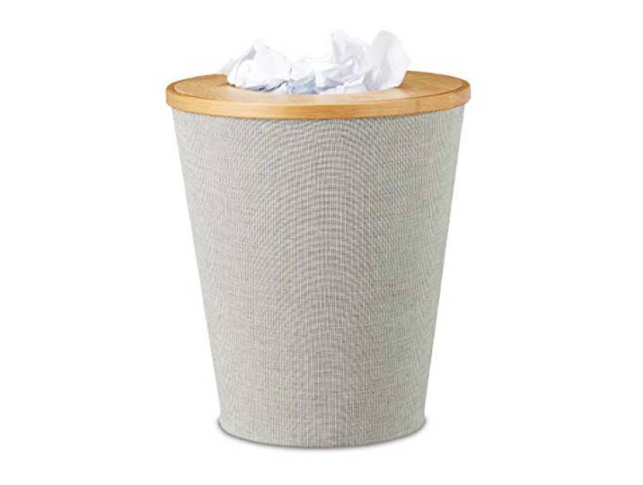 Relaxdays Papierkorb Bambus, 10,5 L, Loch im Deckel, ø 30,5 cm, natur/grau