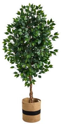 Nearly Natural 6' Ficus Artificial Tree with Natural Trunk in Handmade Natural Cotton Planter