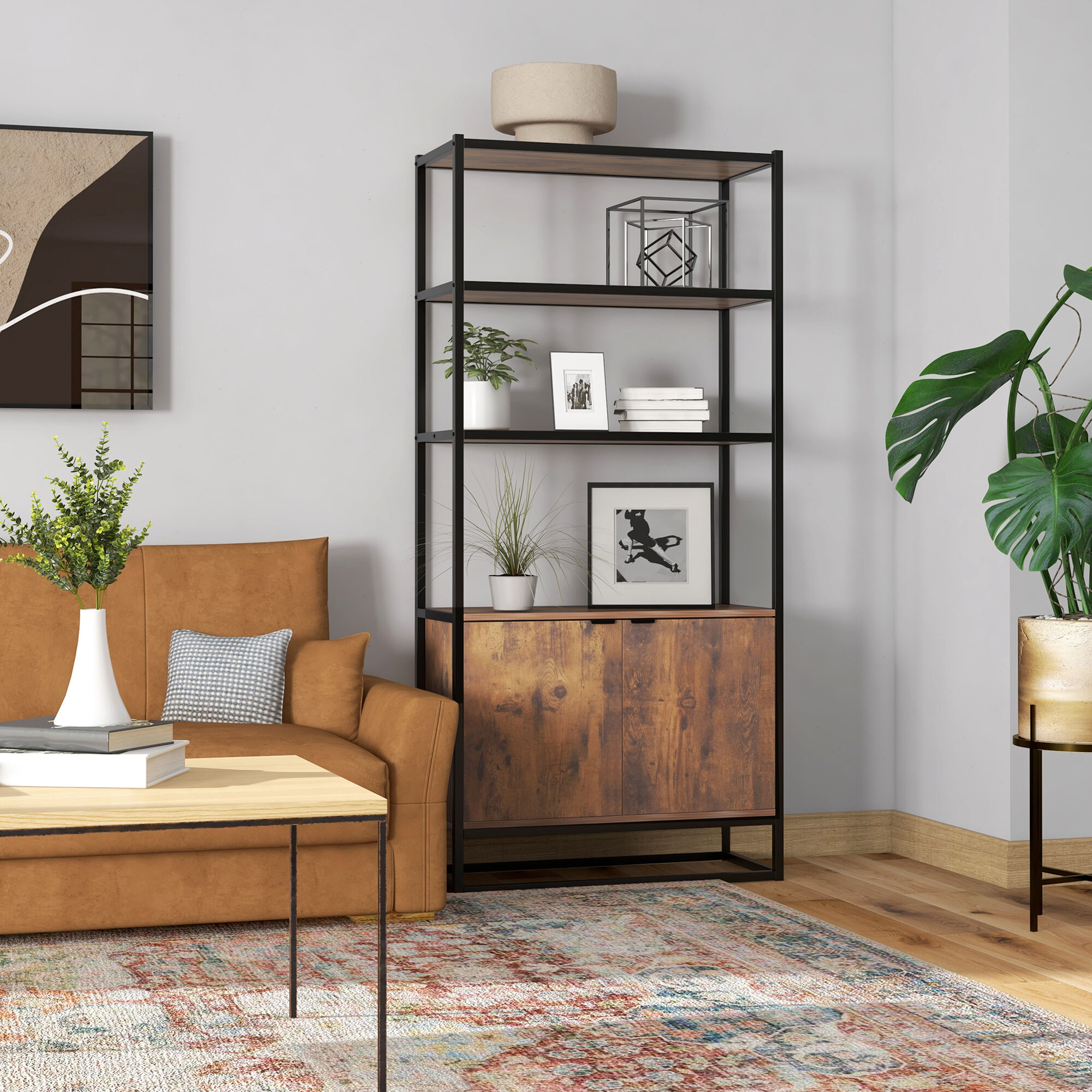 Altro Scaffale Libreria In Stile Vintage Con 3 Ripiani, 1 Armadietto In Legno E Telaio In Metallo Nero 76x33x162.5cm