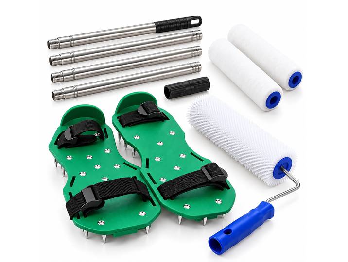 Kit de revêtement de sol Relaxdays\, 4 pièces\, comprenant : rouleau à picots\, chaussures à clous (tailles 39-46)\, rouleau de peinture\, et une tige télescopique\, de couleur blanche et verte
