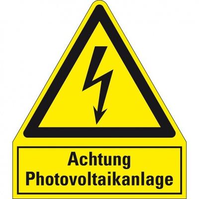 Aufkleber I Warn-Kombischild Achtung Photovoltaikanlage, Folie, selbstklebend, 240x210mm, ASR A1.3, DIN EN ISO 7010 W012