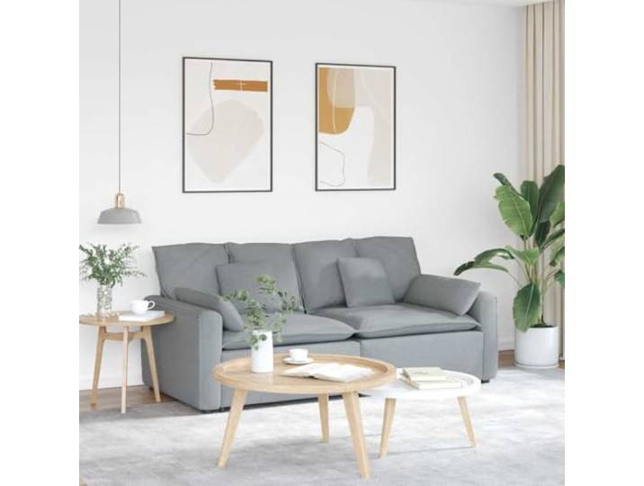 Modulares Sofa mit Kissen Hellgrau, 2 Teile, Stoff und Schaumstoff, Stoffpolsterung, Schaumstofffüllung, Textilene-Sitzflächen, Holzarmlehnen, vielseitig konfigurierbar