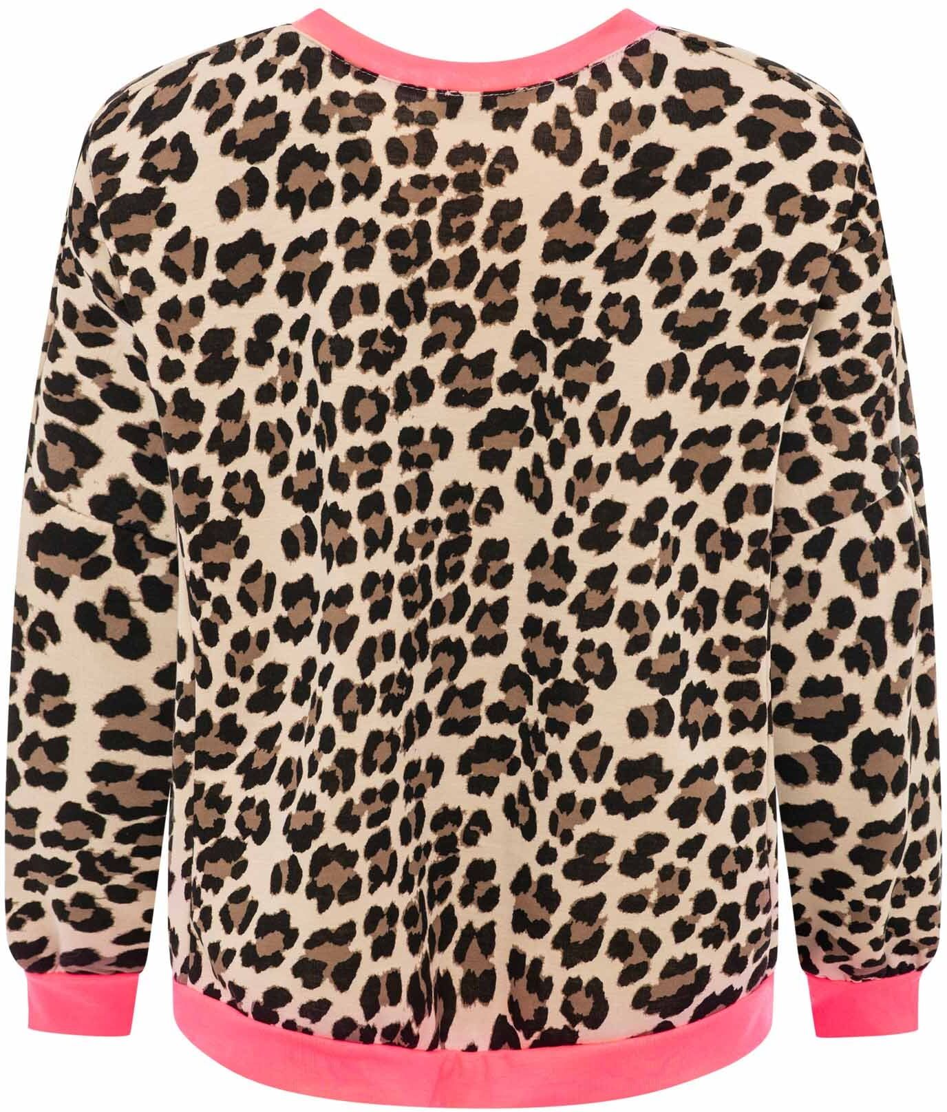 Sweatshirt ZWILLINGSHERZ "Neon Leo", Damen, neonpink, Sweatware, Obermaterial: 47% Viskose, 45% Polyester, 8% Elasthan, Basic hüftbedeckend, V-Ausschnitt, Sweatshirts Sweatshirt, V-Neck, auffälliges Leopardenmuster, Bündchen Neonfarben, LOVE Print neonpin