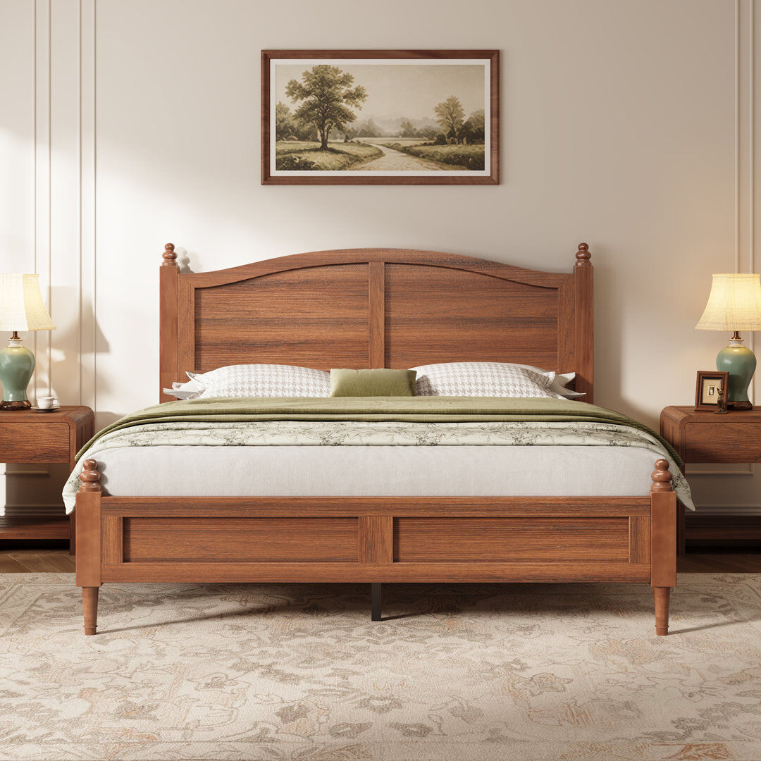 Rosalind Wheeler Traditional Wood Platform Bed with Curved Panel Headboard and Turned Posts Brown Double (4'6)