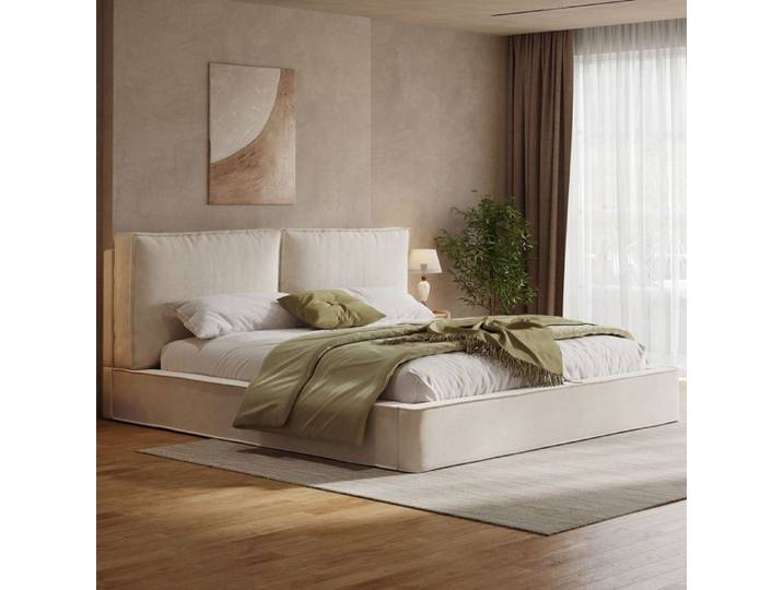 Lit rembourré - SOGEU - Polsterbett - 180 x 200 cm - Chenille beige - Tête de lit rembourrée