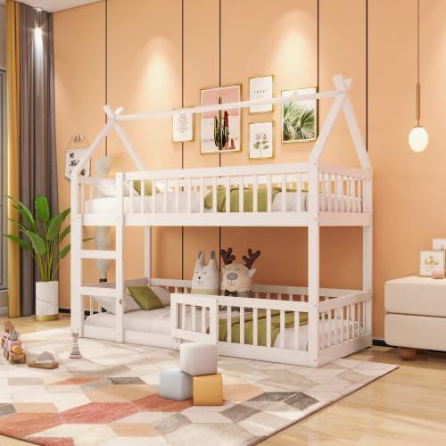 Etagenbett 90x200, Kinderbett Hochbett für 2 Kinder, Hausbett mit Treppe und Tür, Kinderhochbett mit Rausfallschutz und Lattenrost, Bettgestell Stockbett Familienbett Loft Bett, Massivholz, Weiß