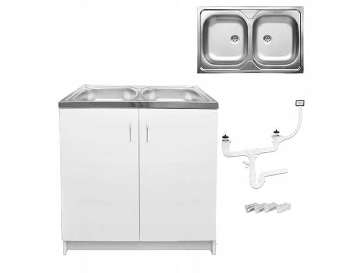 Stamar Möbel Spüle mit Unterschrank 80 cm Weiß Küchenspüle 2-Kammer & Edelstahl-Spülbecken kompakter Spülenunterschrank für Küche, Standschrank 49 cm Tiefe Siphon Montagefertig