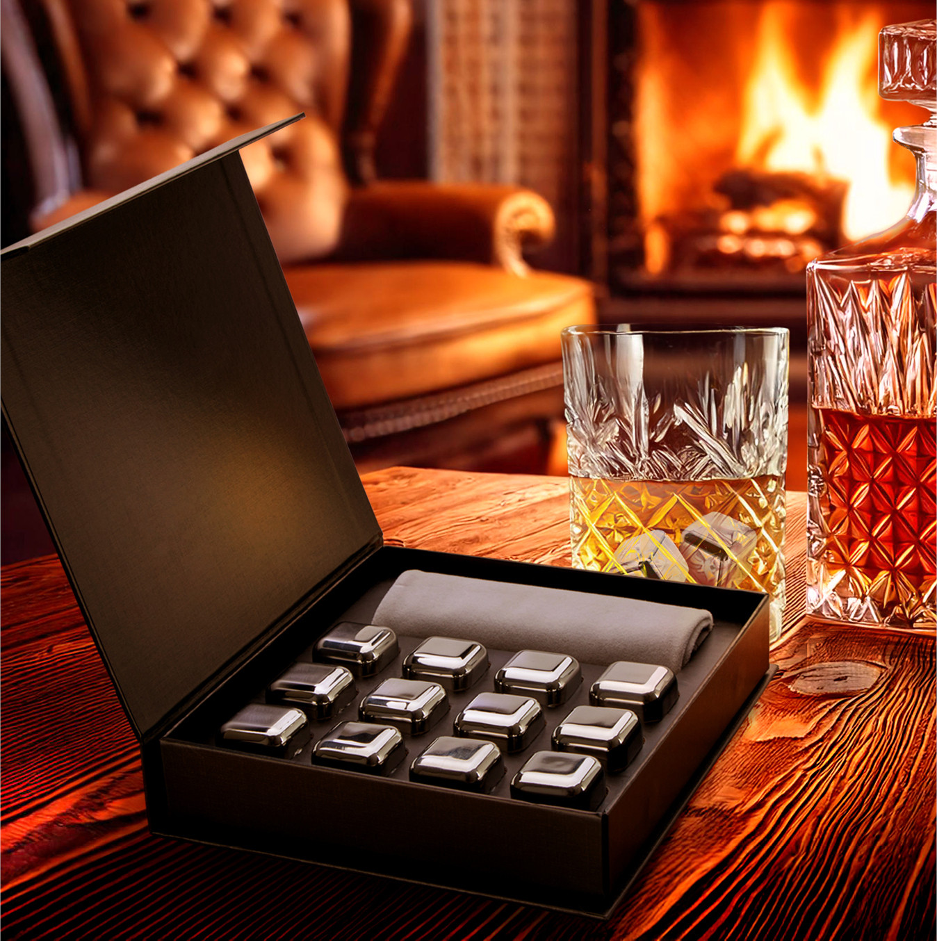 COM-Four Whisky Stenen Cadeauset - 12 stuks roestvrijstalen ijsblokjes