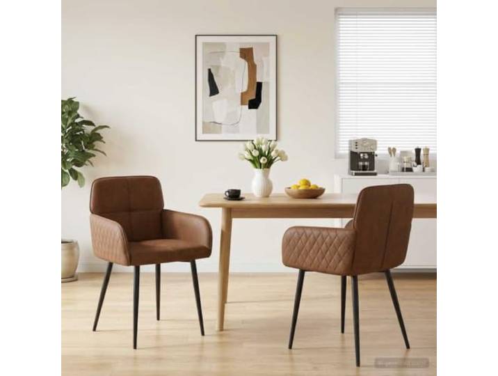 Esszimmerstühle 2er Set Kunstwildleder Braun mit Metallrahmen und Armlehnen Atmungsaktiver Sitz, geneigte Rückenlehne, pflegeleichte Oberfläche, modernes Design, Indoor-Essbereich