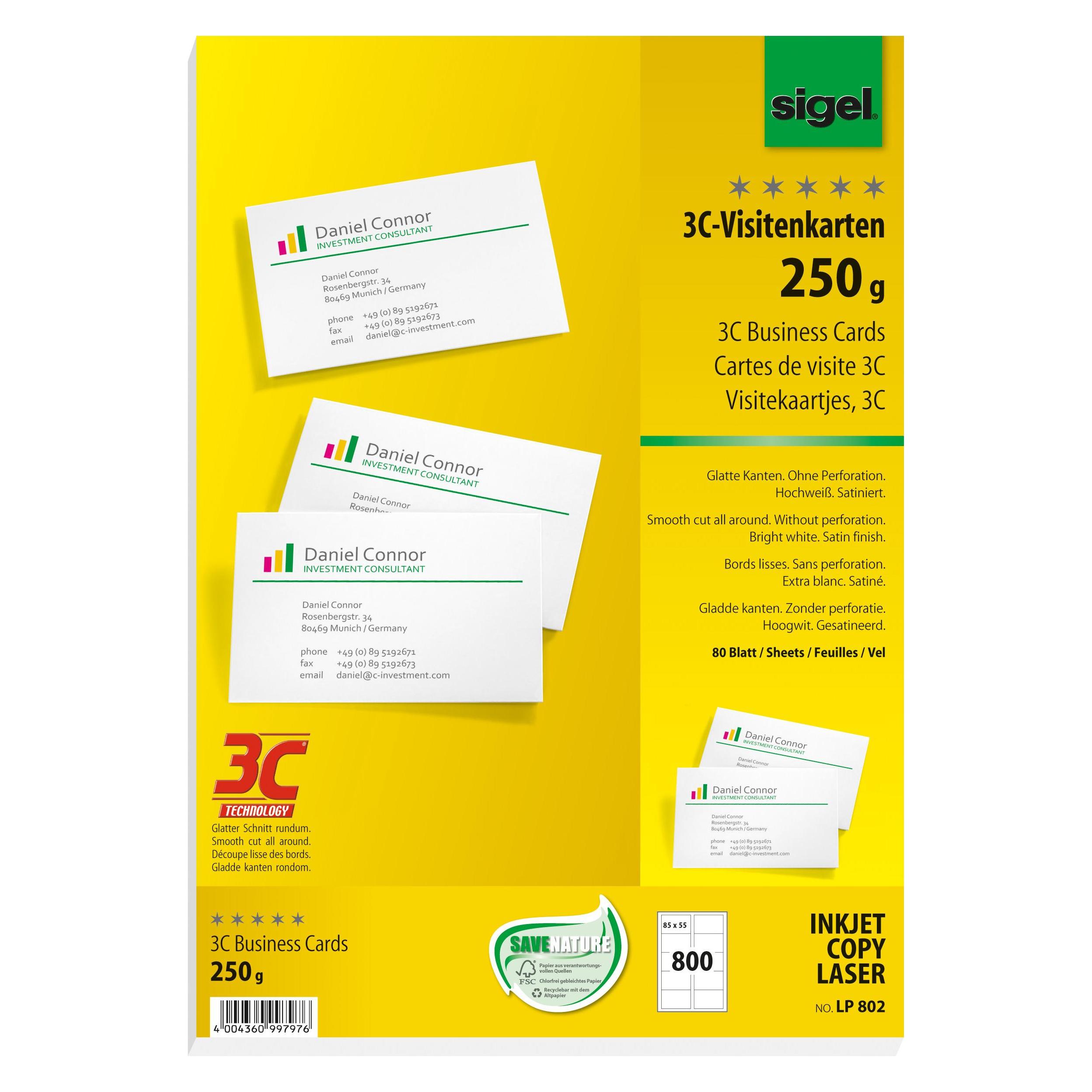 Sigel 3C-Visitenkarten (A4, 800 Blätter, 250 g/m²) (LP802)