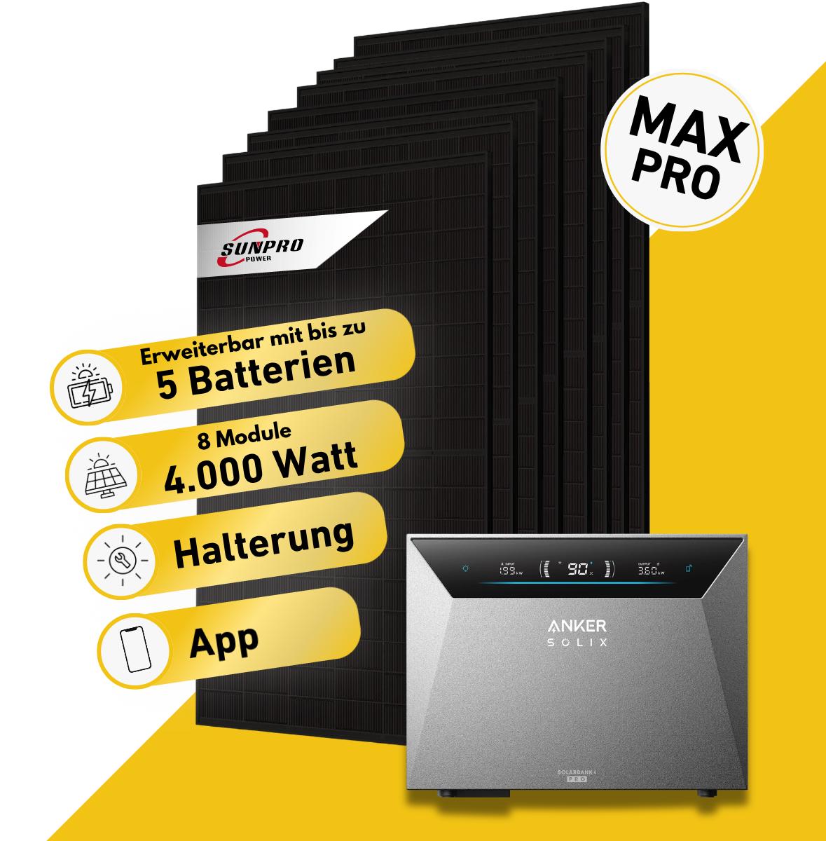 Balkonstrom Balkonkraftwerk 4000W Solaranlage mit Speicher | 8x Solarmodul Bifazial | Anker Solix 4 Pro | Kabel 15m