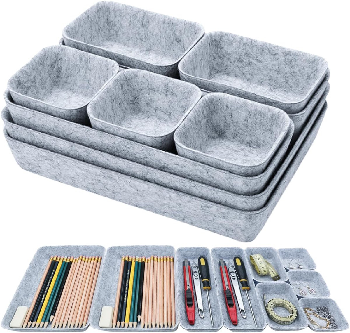 SnelShoppen 9-delige vilt lade organizer met hoofd- en subcompartimenten - Lichtgrijs