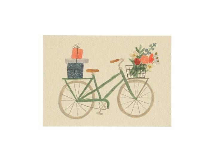 Kaart, fiets bloemen en cadeaus