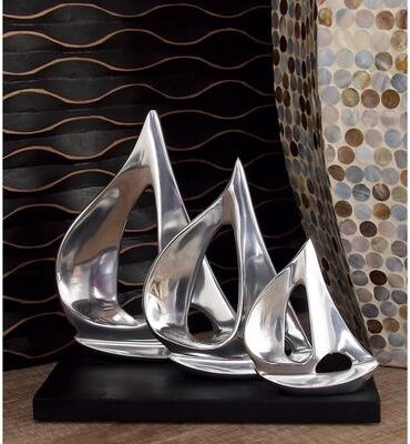 ARCILLA ELEMENTAL Silver Aluminum Metal Sail Boat Decorative Sculpture with Black Base - 11 x 5 x 9