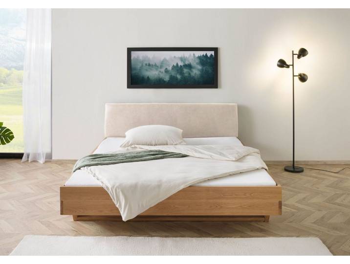 Bett Eiche 200x200x85 natur geölt, Kopfteil beige FICHTELBERG #128