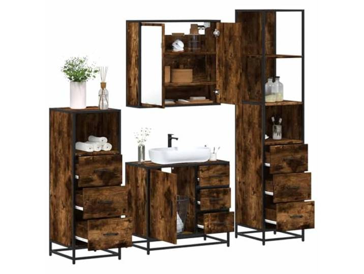 ZQQLVOO 4-TLG. Badmöbel-Set Räuchereiche Holzwerkstoff Metallgestell, Wandmontage, Stauraum, Lowboard, Spiegelschrank, Waschbeckenunterschrank, Industrie-Stil
