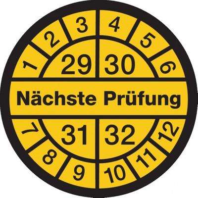 König Werbeanlagen Dreifke® Prüfplakette, Nächste Prüfung, schwarz/gelb, Folie, Ø 1 - 13 mm Folie selbstklebend