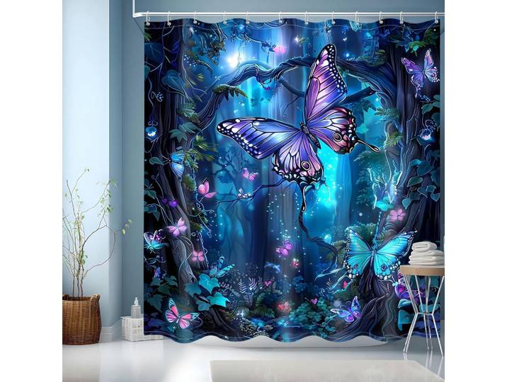Duschvorhang Motiv Schmetterling 180 x 200 cm, Mehrfarbig, 180x200 cm, Heimtextilien, Badtextilien, Duschvorhänge