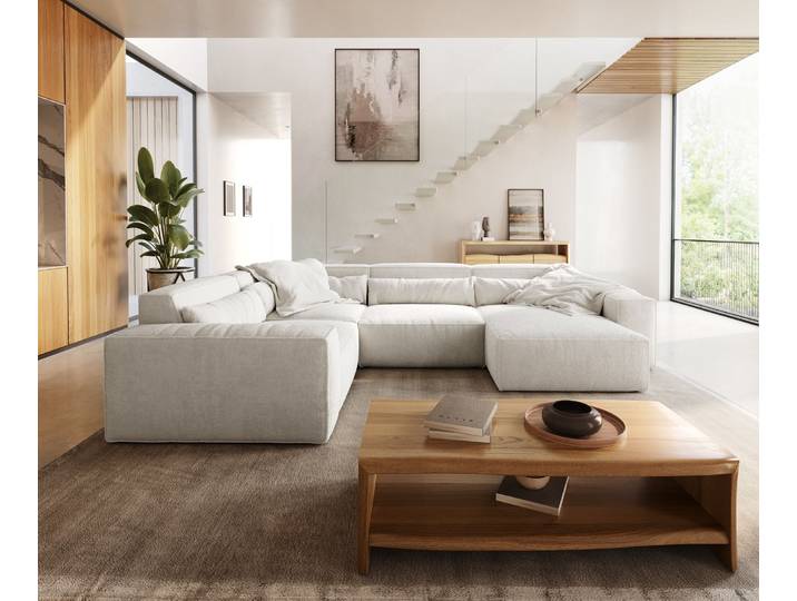 DELIFE Wohnlandschaft Sirpio 300x210 cm Bouclé Creme-Weiß Recamiere variabel, Wohnlandschaften