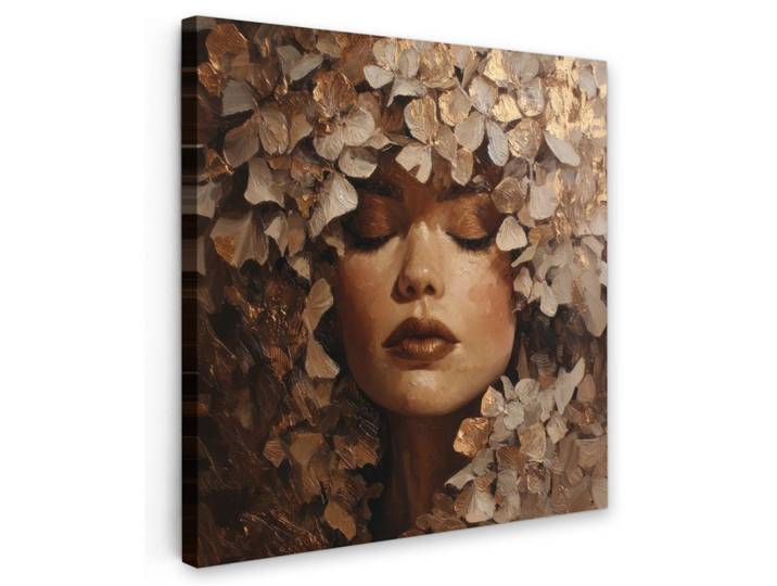 LEINWANDBILD Gesicht - Dame - Blätter - Pinselstriche Wandbild Wohnzimmer 50x50 cm
