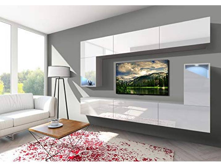 Furnitech Wohnwand Wohnzimmer Wohnzimmer Möbel mit LED RGB - 16 Farben Hängend Wohnwand Modern Wohnzimmer Schrankwand mit Regale und TV Schrank (S12)
