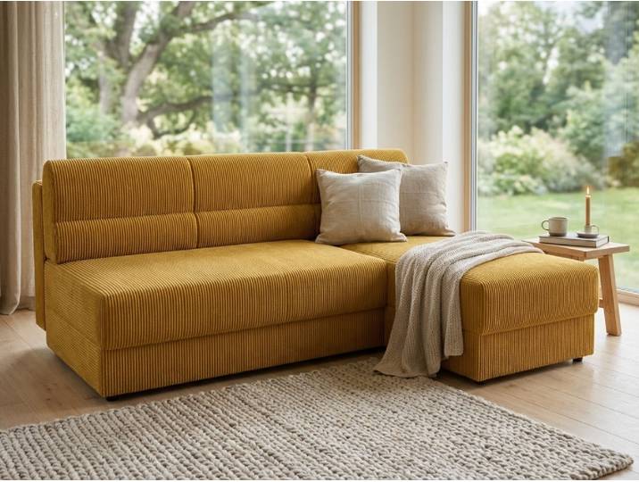 AKTION Beidseitig ausziehbare Ecksofa TAVERO SLIM 201x140 cm, senfgelb II. Wahl